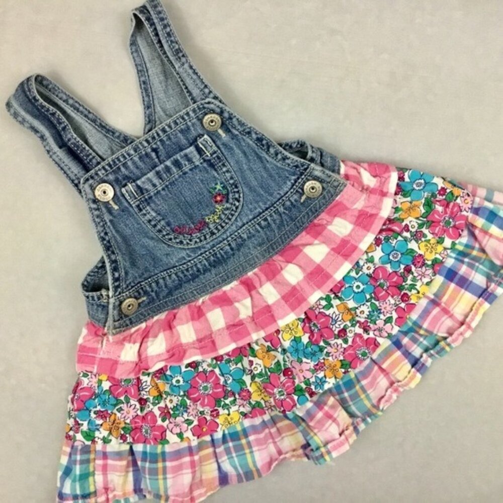 OshKosh b’gosh Floral Plaid Tiered Dress Denim Baby Little Girl 12M